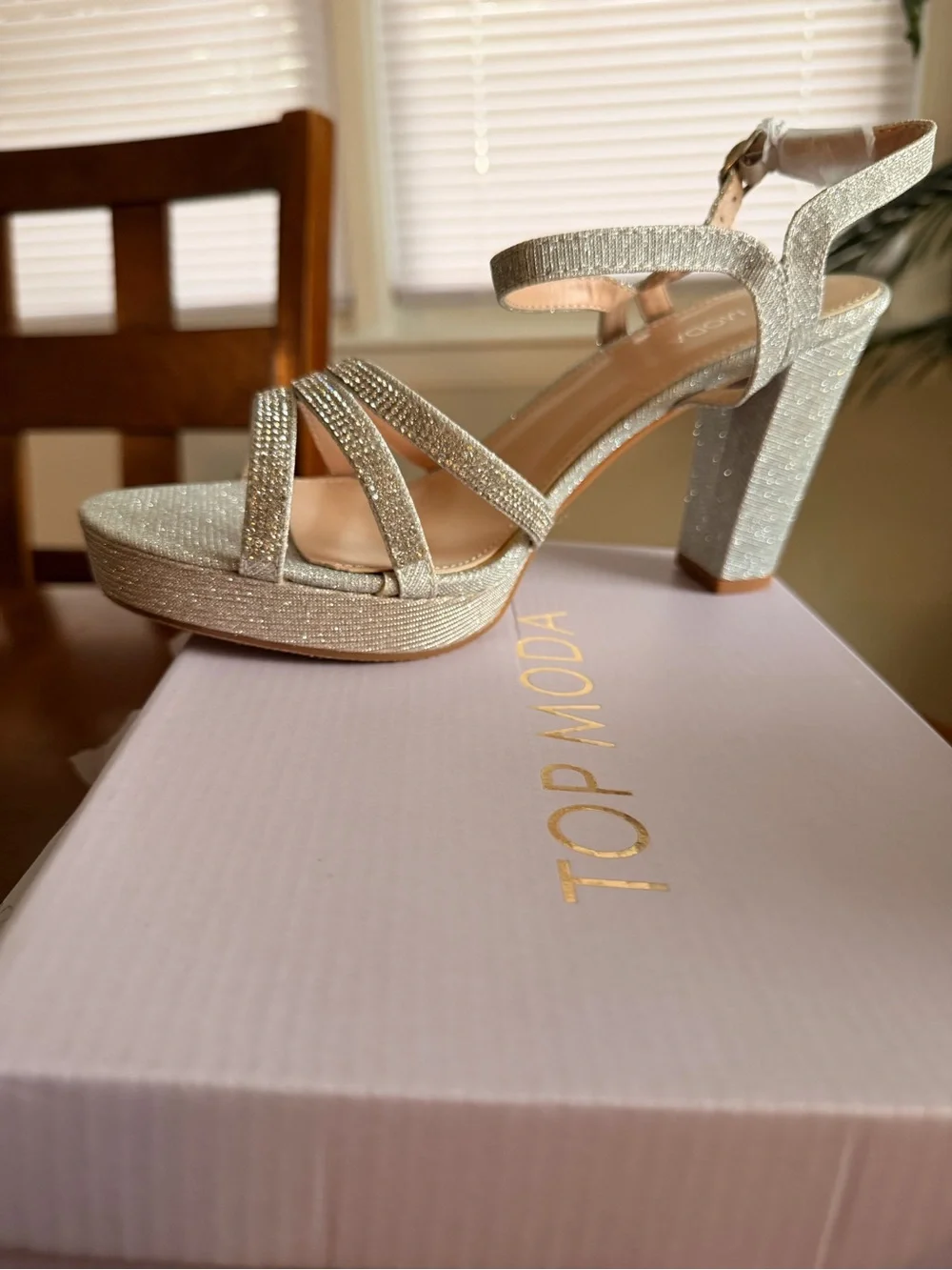 Moda Silver Glitter Strappy Block Heel Sandal